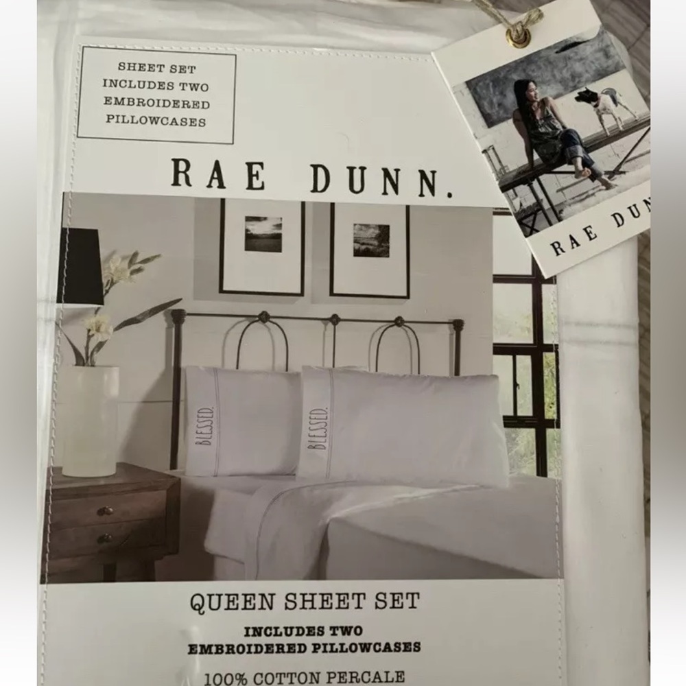 RAE DUNN Cotton Percale Queen Sheet Set with Blessed embroidered Pillowcase